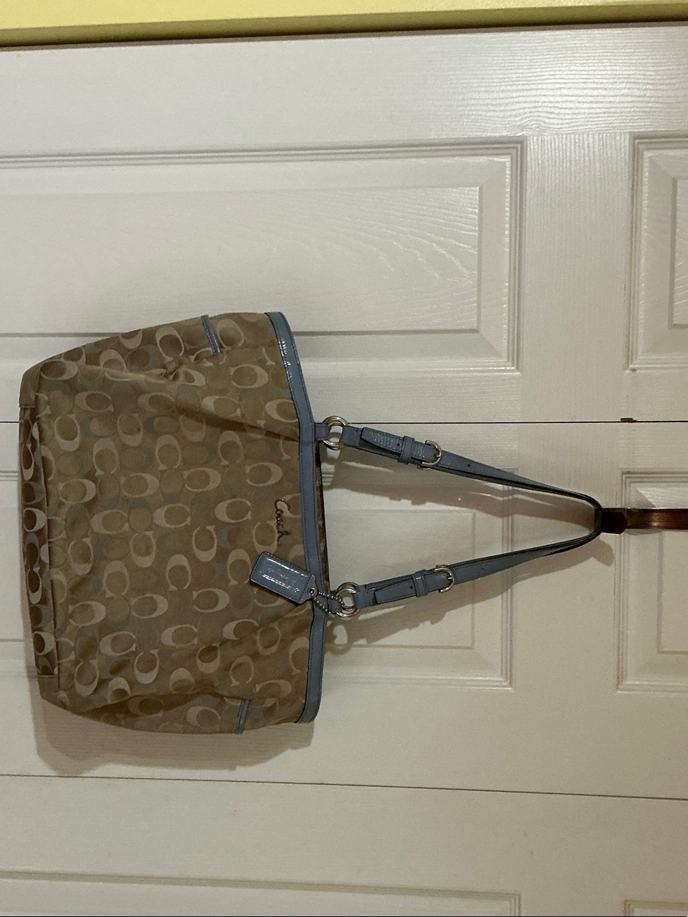Coach Signature Canvas Tote with Light Blue Trim